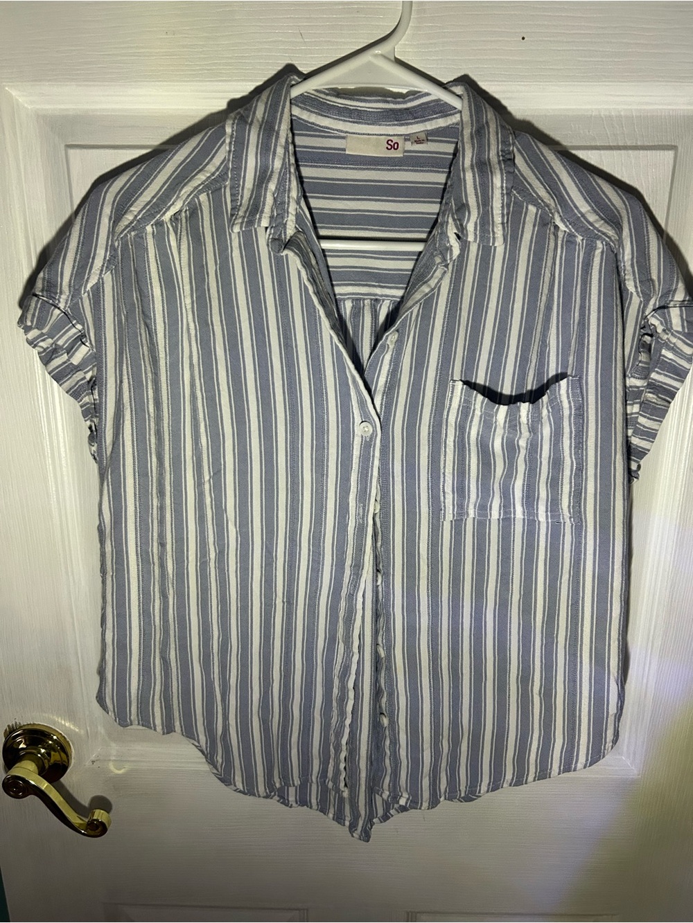 SO woman’s blue and white button down shirt